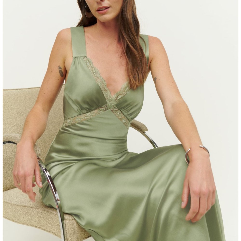 Reformation Olive Green Silk Maxi Dress